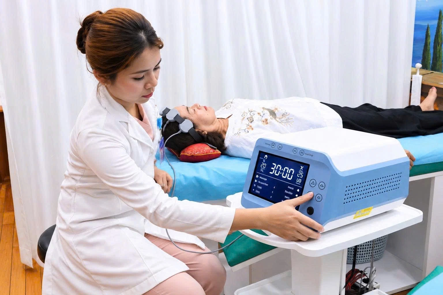 Trần Thị Ý Như thao tác thiết bị tại Đông Y Hoa Sen